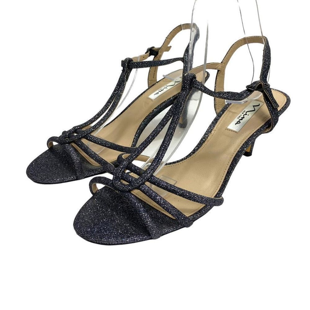 Nina Smoke Black Glitter Metallic Event Strappy Sandal Heels Wedding